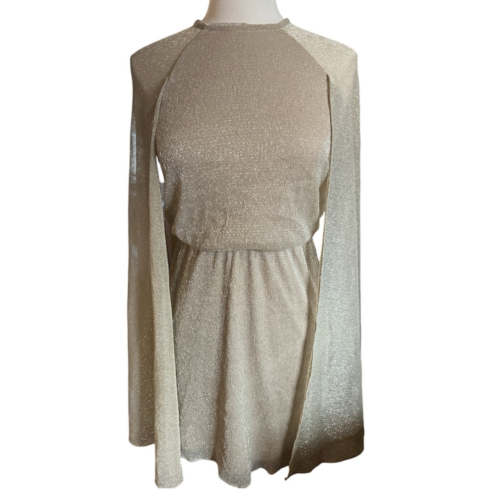 Calvin Klein Gold Shimmering Sparkle Cape Sleeve Mini Dress Size Small